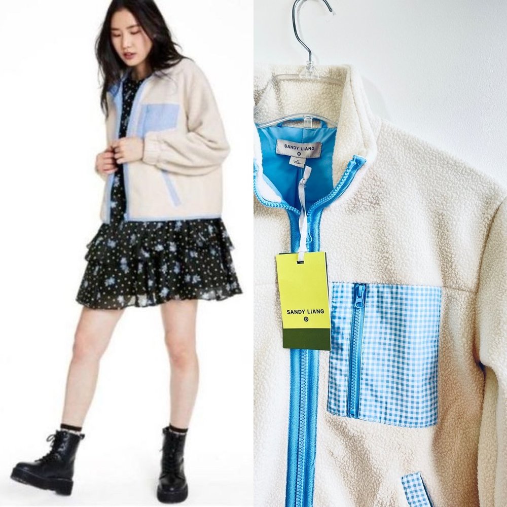 Sandy Liang Small Women's Gingham Pocket Sherpa Jacket Sweater Fleece Zip Target